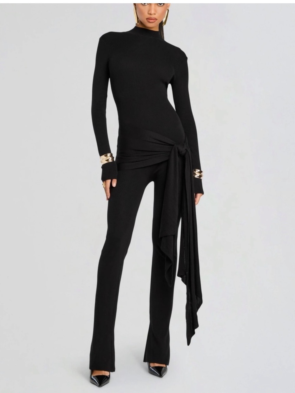 NWOT SER.O.YA Black Ribbed Long-Sleeve Jumpsuit with Scarf - XS